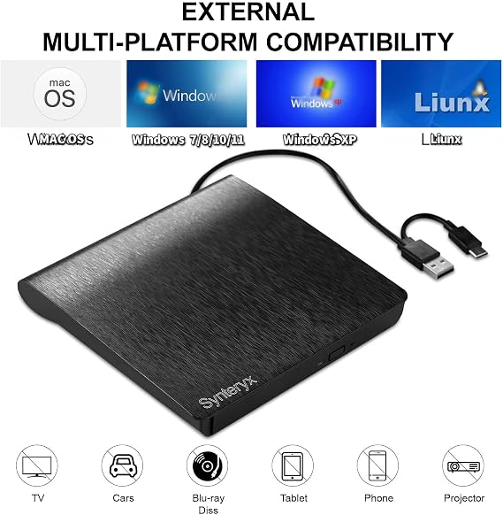 External CD DVD Drive, USB-A & USB-C CD Burner for Laptop, PC & Mac | Portable Slim CD/DVD Reader Writer, Play & Burn 2-in-1 External Disc Drive Compatible with Windows, macOS, Linux, PC & Mac