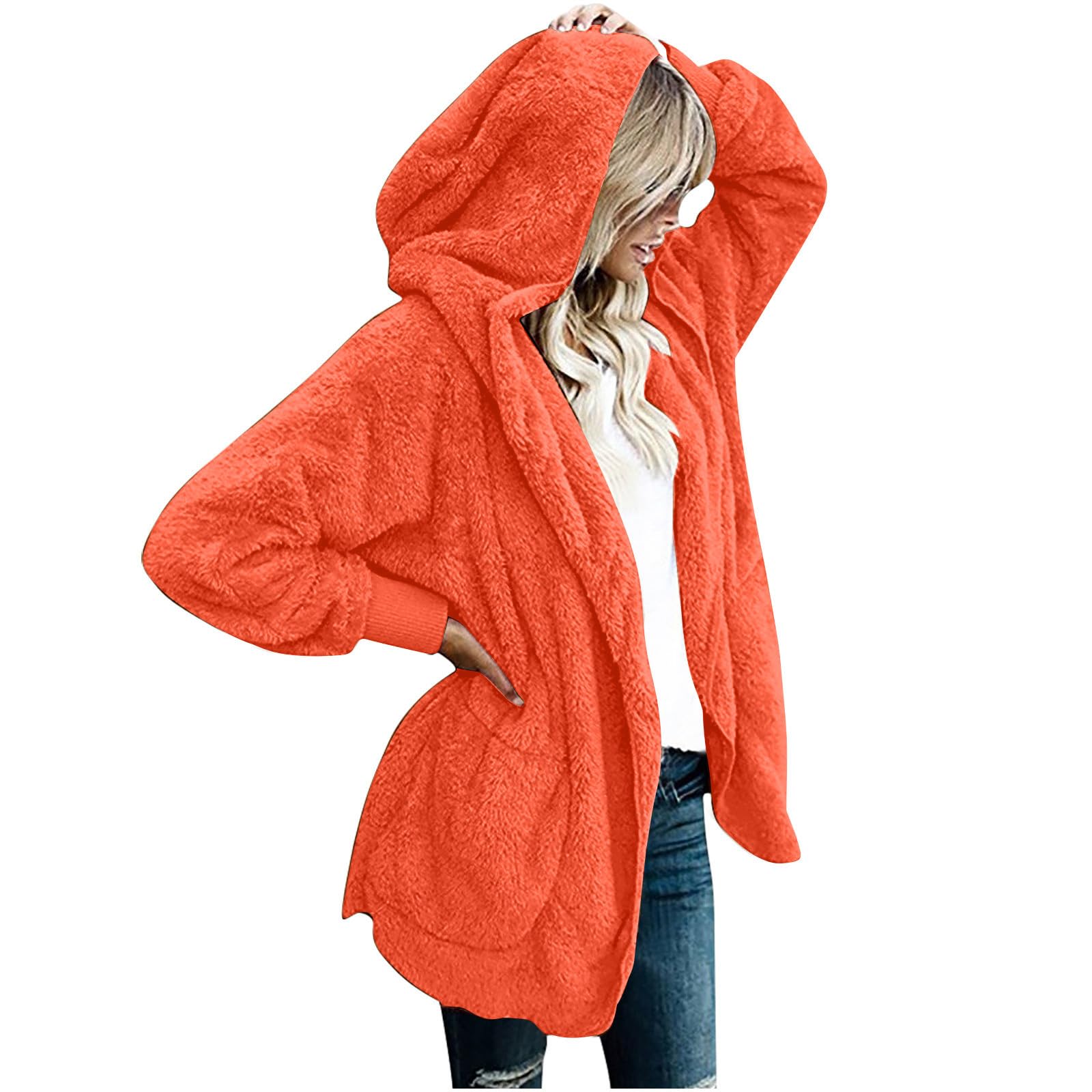 Dyhxuan Women's Orange Fleece Jacket With Hood Teddy Fleece Autumn Jacket Lightweight Plush Jacket Fleece Cardigan Warm Cardigan Plain Cardigan With Pocket Long Sleeve Teddy Coat, 5XL