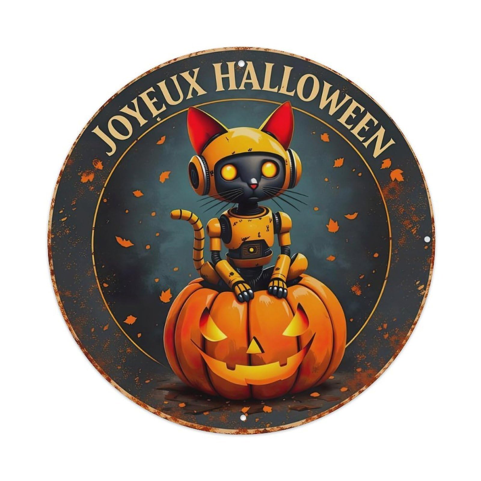Robot Cat Pumpkin Halloween Joy Round Metal Tin Sign