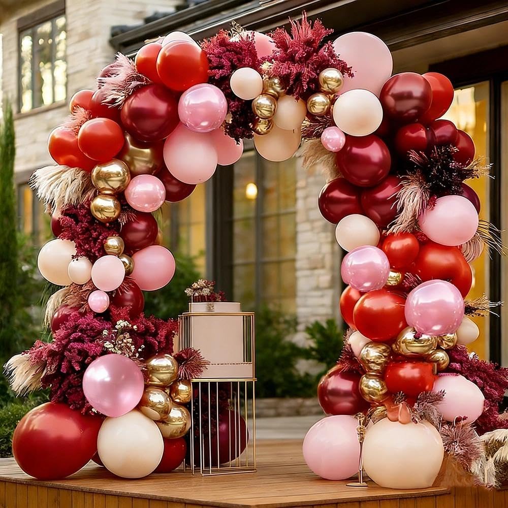 Red Pink Balloon Garland Double Stuffed Burgundy Pink Gold Pearl Balloons Rose Red Blush Nude Balloon Arch for Birthday Bridal Shower Wedding Engagement Graduation Party Decorations
