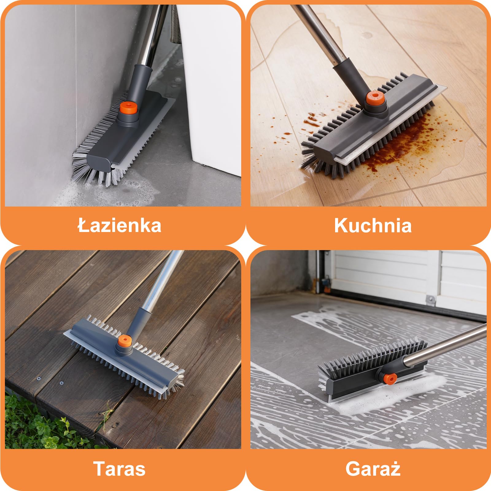 Mitclear Szczotka do Szorowania Podłóg z Długim Uchwytem(120cm), Szczotka do Szorowania 3 w 1 ze Sztywnym Włosiem i Ściągaczką do Szorowania Podłóg w Kuchni, Łazience, Tarasie, Patio, Garażu