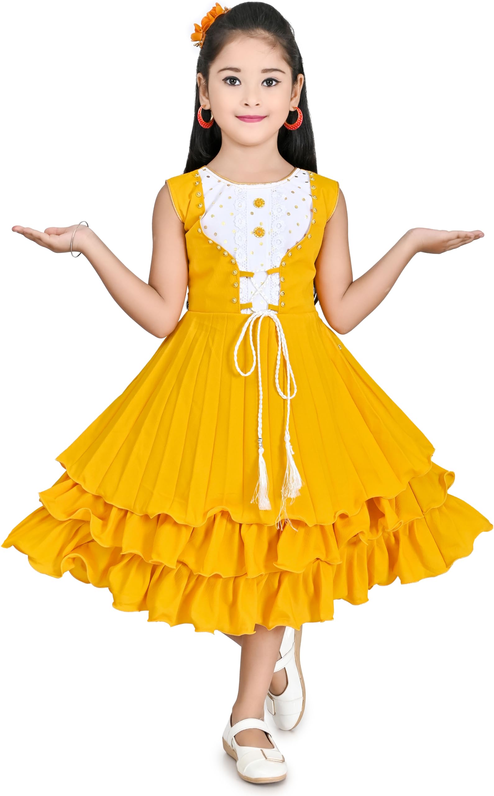 Girls Yellow Sleeveless Frock with White Embroidered Yoke, Ruffle Layers and Tie-Up Detail-image-11