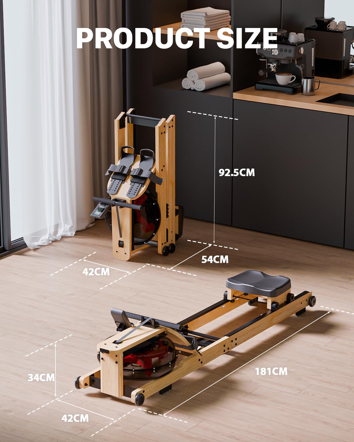 Rudergerät für Zuhause, Aeriflo Hochwertiges Faltbares Wasser Rudergerät aus Massivholz, mit Professionellem Bluetooth-Monitor mit Tablet-Halter & Komfortabler Sitz