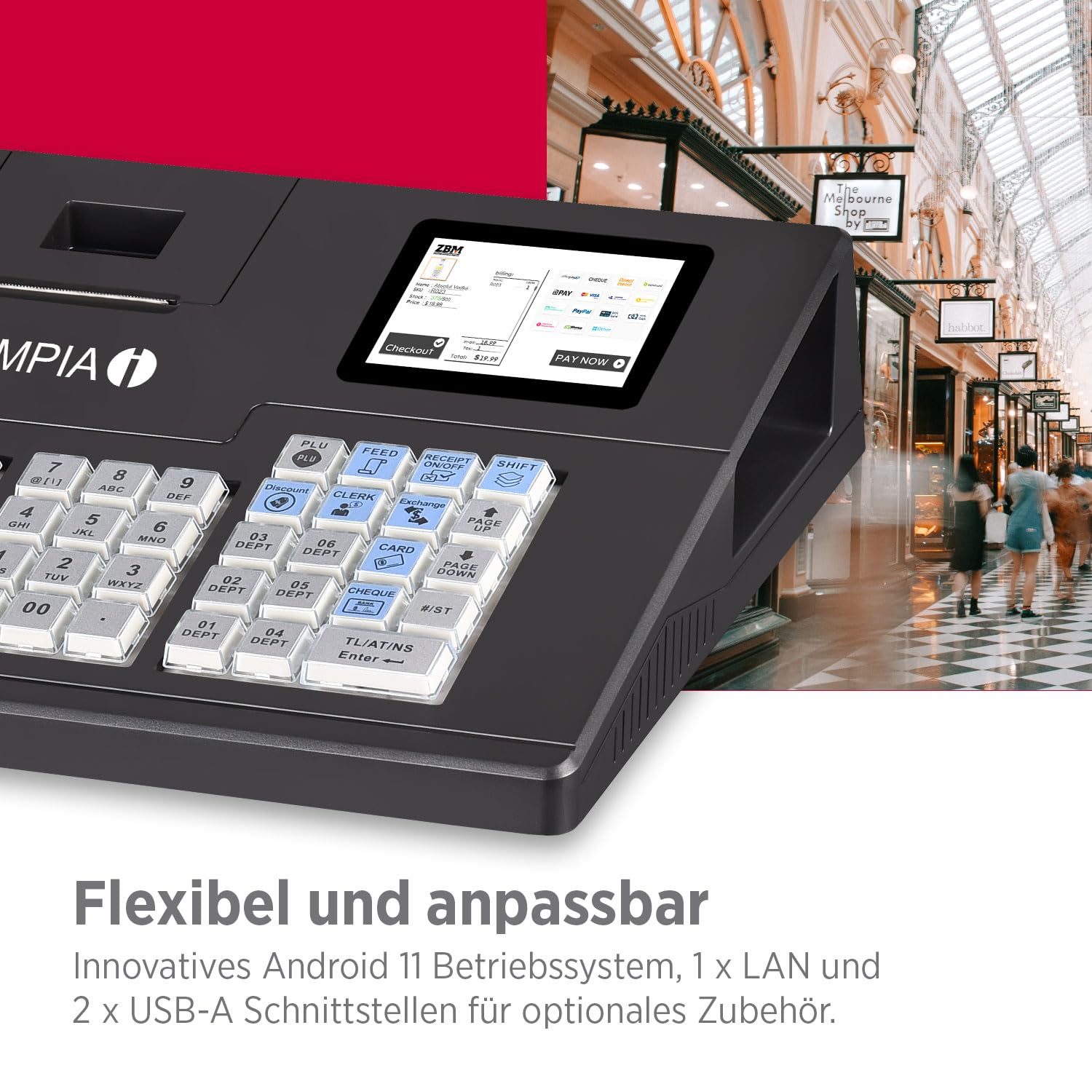 Olympia K100 Registrierkasse LED Kundenanzeige 58mm Thermodrucker Android 11 Hubtastatur 39 Tasten Kassenschublade
