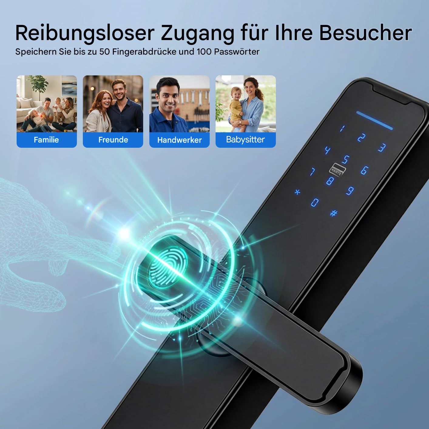 Inteligentny zamek do drzwi, 5 w 1, elektroniczny zamek ryglowy z odciskiem palca + kodem + kartą, kluczem, tymczasowym hasłem, sterowanie aplikacją TUYA, do drzwi 30-50 mm (czarny)