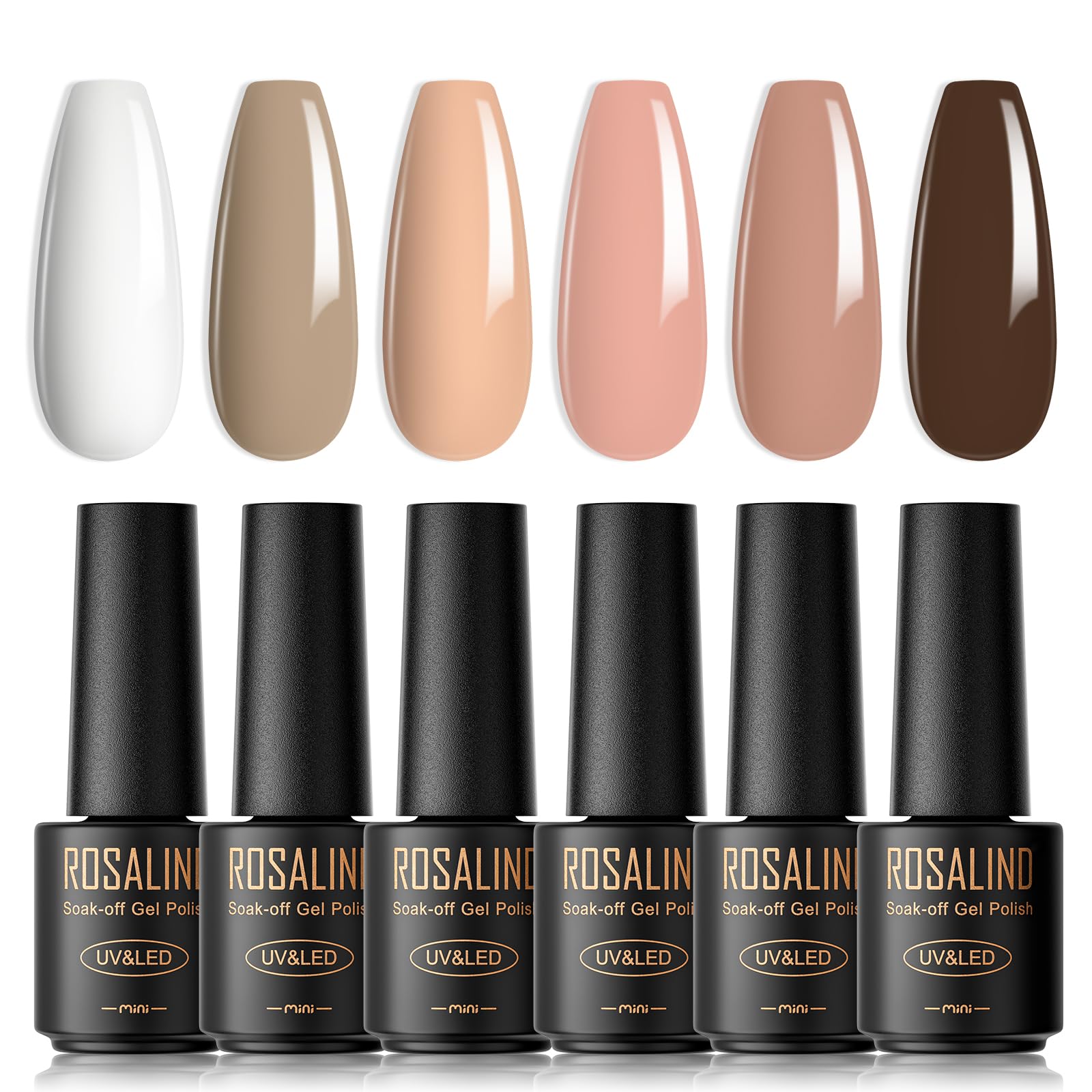 ROSALIND Esmaltes Semipermanentes para Uñas, 6 Colores Mini Pintauñas Semipermanentes Blanco Anaranjado Rosa Marrón，Pintauñas Semipermanentes UV Led
