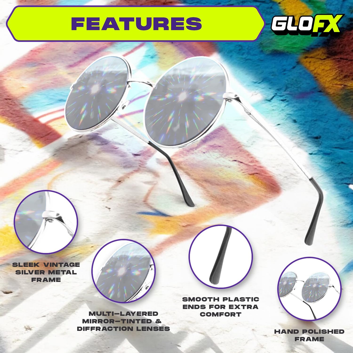 GloFX Diffraction Glasses | Hippie and Pilot Style Metal Frames with Mirror Lens and 3D Prism Rainbow Effect