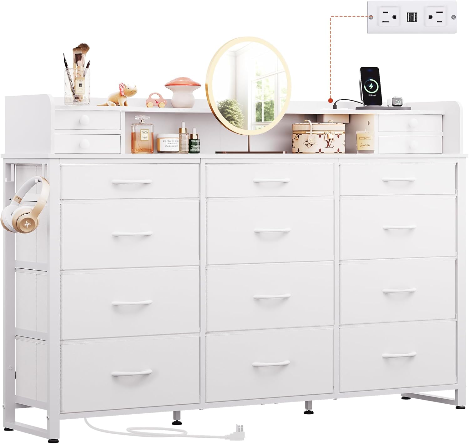 WLIVE 55''W Storage Organizer Unit with Charging Station, Storage Drawers Organizer with 16 Fabric Drawers & 3 Open Shelves, Large Storage Tower Organizaton for Living Room, Hallway, Office, White