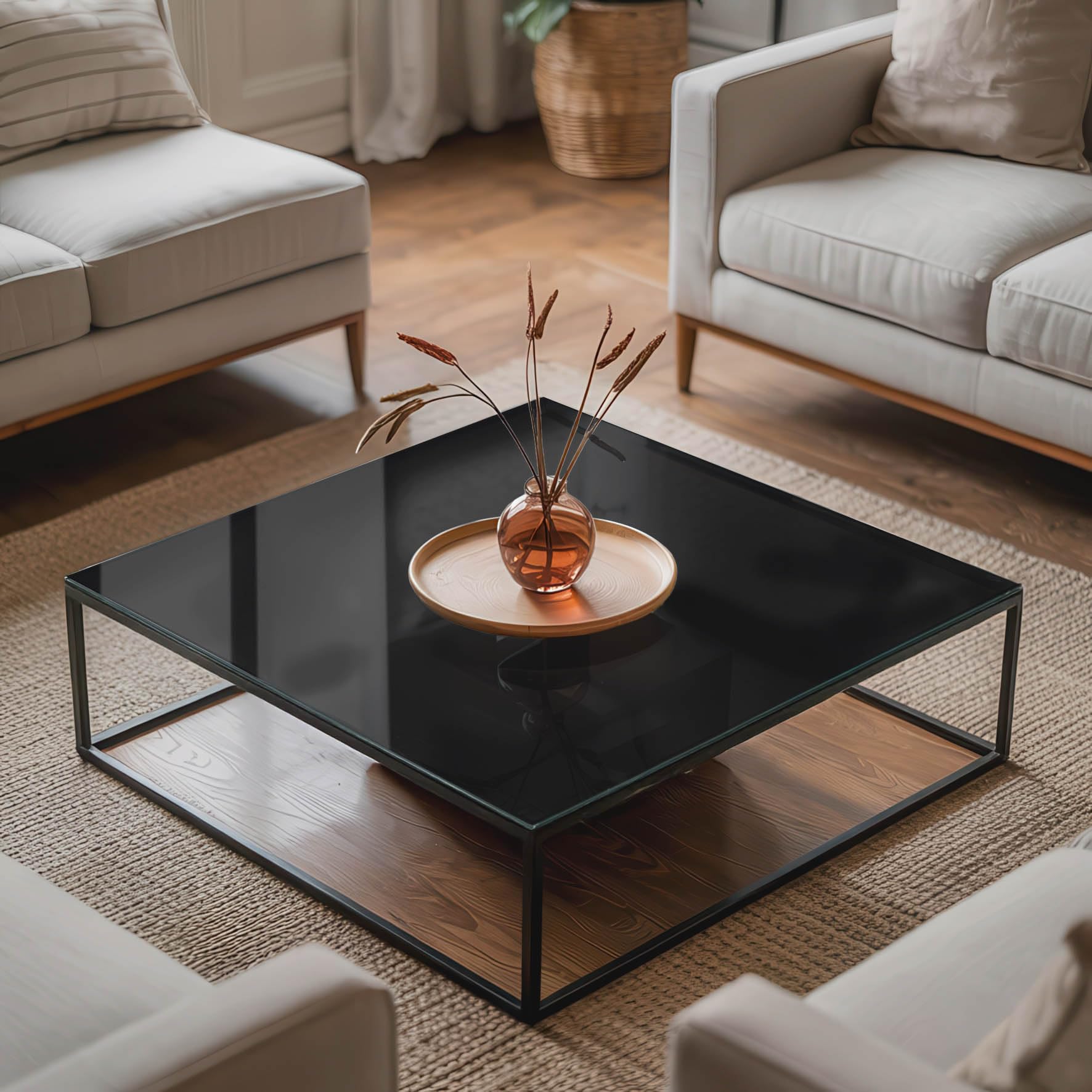 Plaque de Verre Trempé Carrée 60x60 cm | Protection de Remplacement | Installation Facile | avec Coussinets Antidérapants | Bords Polis | Idéal pour Le Salon | Style Moderne - Noir Lisse