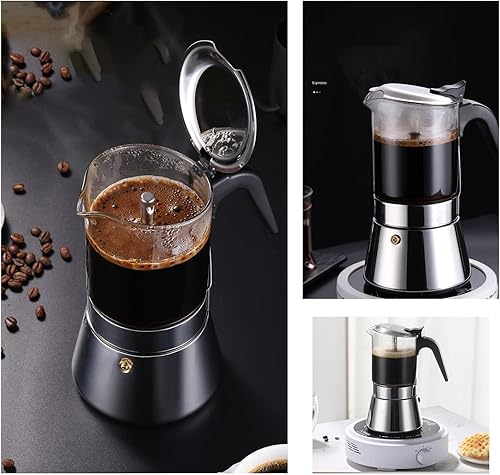 Miniatura 8 de Cafetera de café expreso, con tapa de cristal y acero inoxidable, olla de café expreso italiano clásico de acero inoxidable, cafetera cafetera