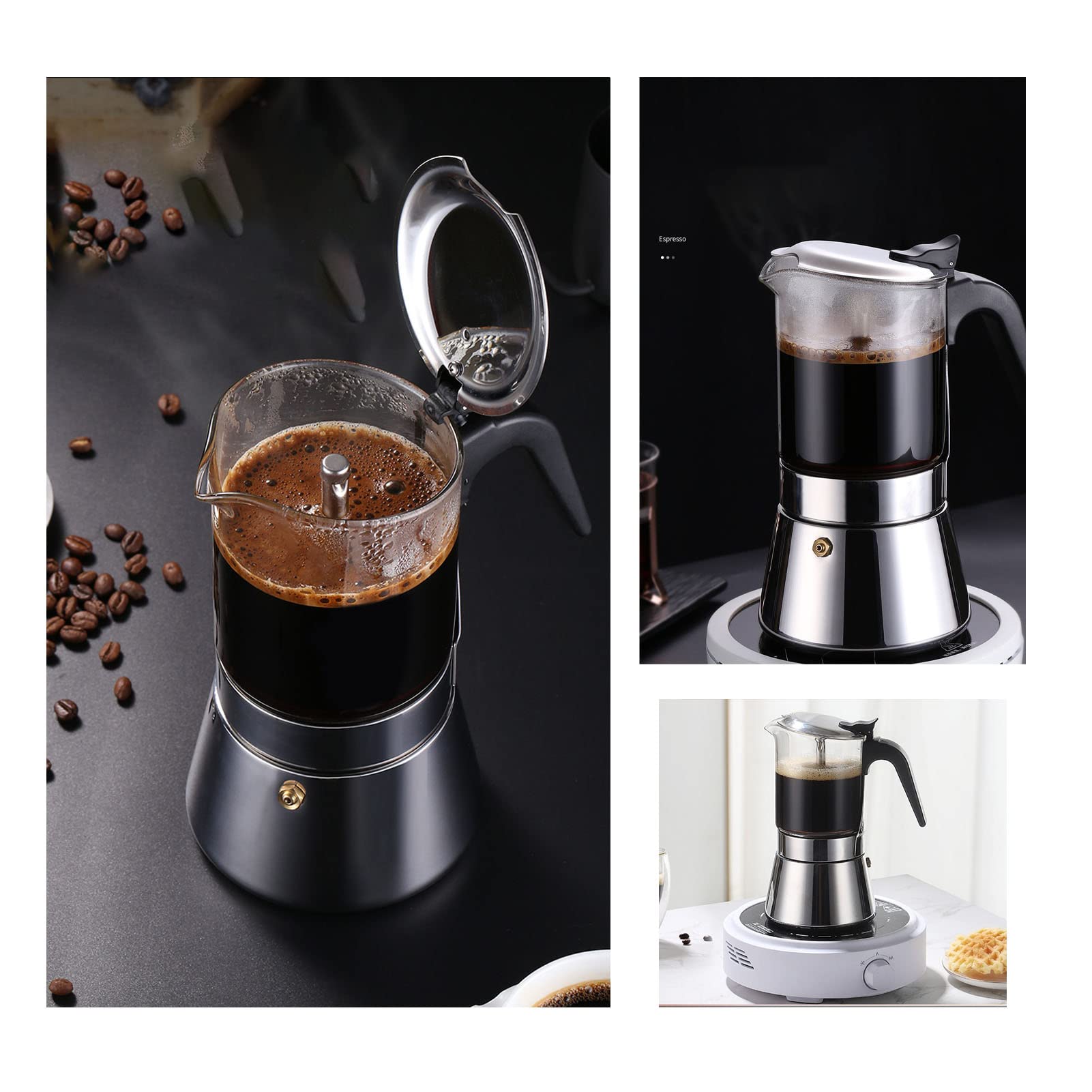 Caffettiera Espresso Caffettiera da Fornello in Acciaio Inossidabile da 300 ml Caffettiera Classica Italiana per 4 Tazze, 7,9x3,9 Pollici