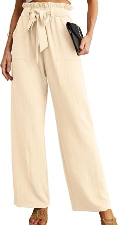 IWOLLENCE Women High Waist Palazzo Pants, Adjustable Knot Ankle Wide Leg Trousers Pockets Beach Vacation Lounge Office