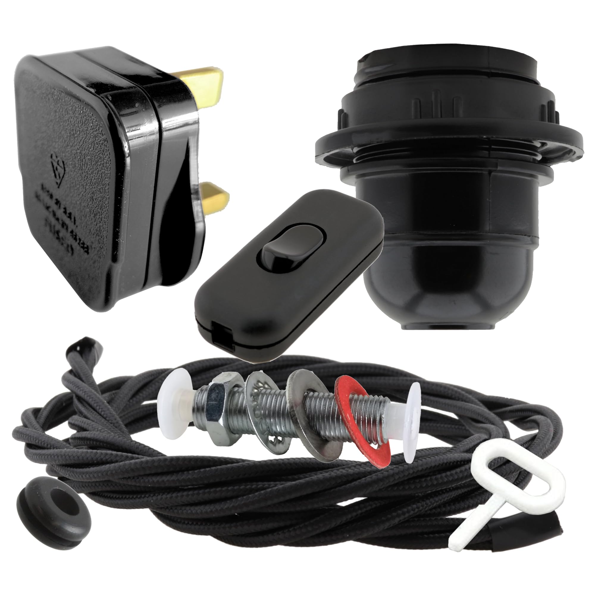 Art Deco Emporium Lamp Repair Kit|Black Plug, Flex, Switch and E27 Bakelite Lamp Holder