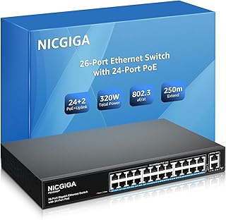 24 Port PoE Switch Unmanaged, 24 Port PoE+@300W, 2 Gigabit Uplink Ports, NICGIGA 26 Port Network Power Over Ethernet Switch, VLAN Mode, 250m Extend, 19 inch RackMount, Plug and Play.