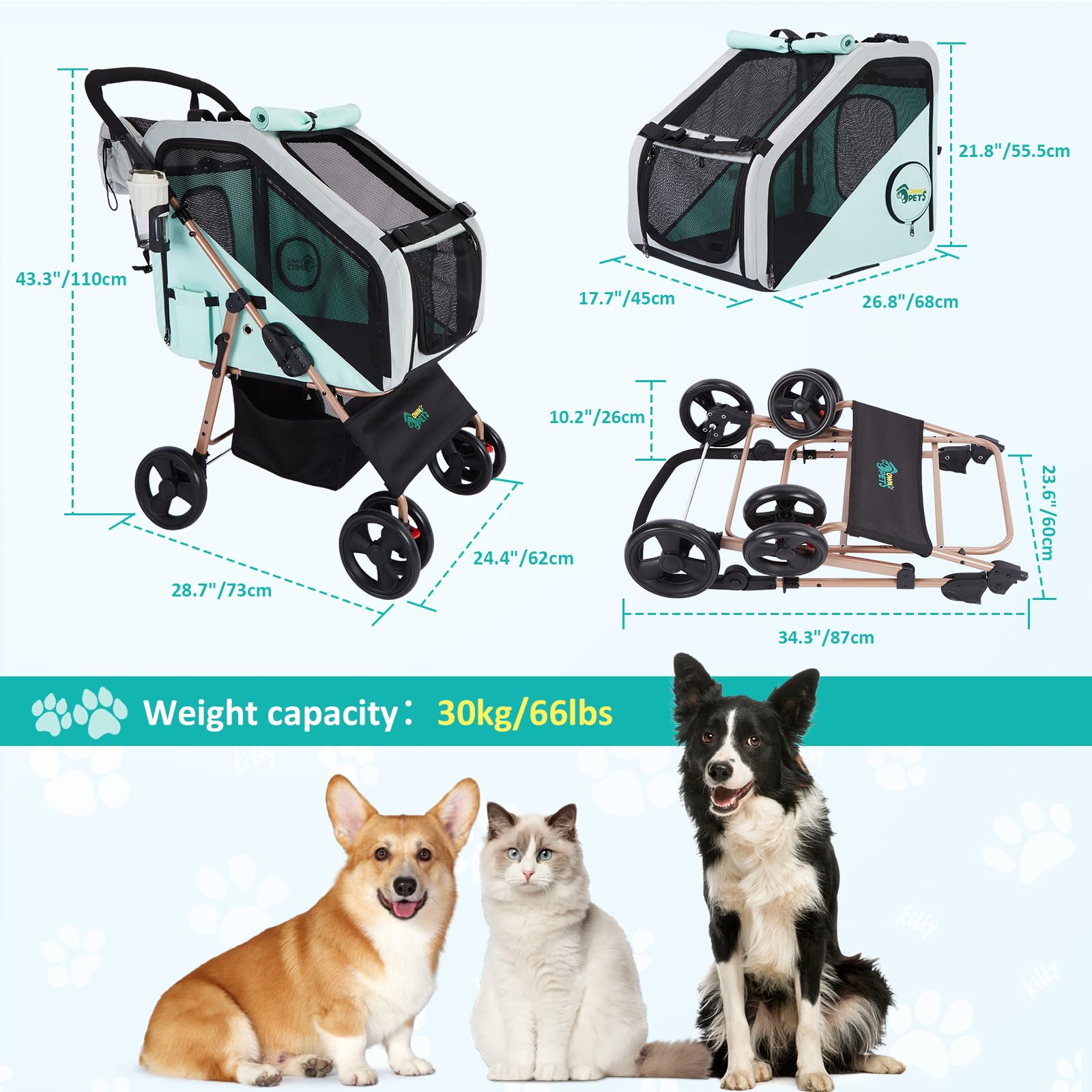 Ownpets Hundebuggy für mittelgroße Hunde Blau, 3-in-1 Hundewagen für mittelgroße Hunde bis 30kg, Sekundenfaltung & 360° Drehräder, verstellbarer Griff, Stoßdämpfung & abnehmbare Autotransportbox