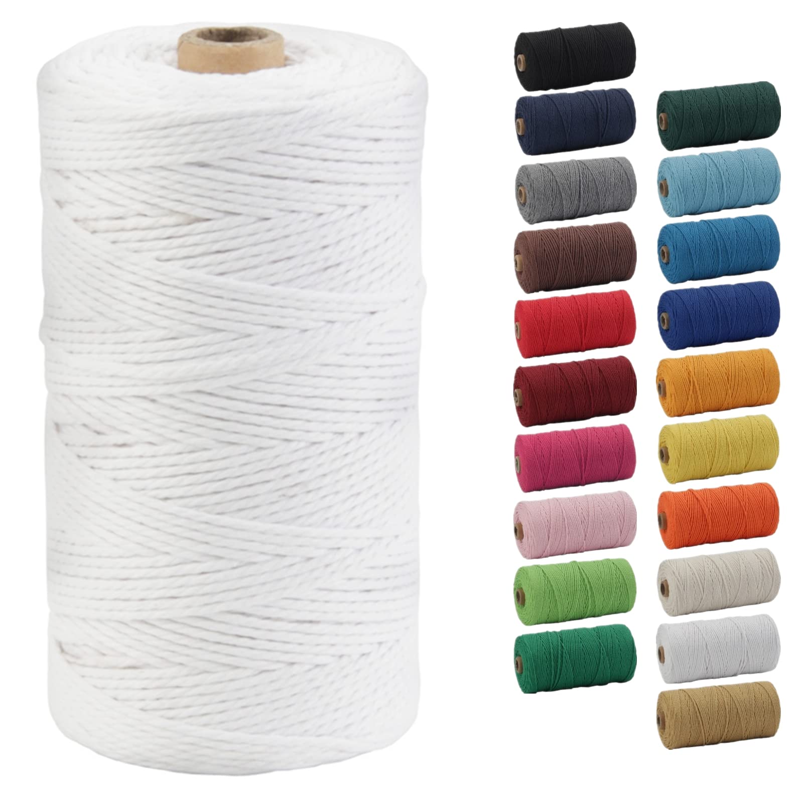 POZEAN sznurek do makramy, 2 mm, kolorowa lina do makramy, 200 m, 100% naturalna bawełniana lina do zawieszania na ścianie, wieszaków na rośliny, rękodzieła DIY, dziewiarstwa, projektów dekoracyjnych na Boże Narodzenie ślub (biały)