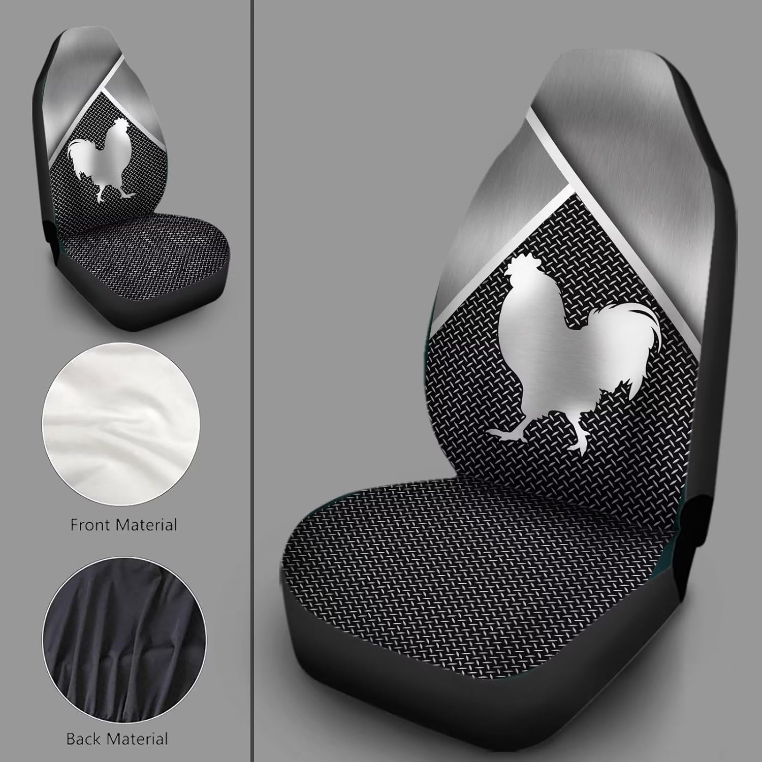 Bulopur Silver Metal Chicken Universal Car Seat Cover Set of 2, Auto Accessories for Men Women, Automotive Protective Interior