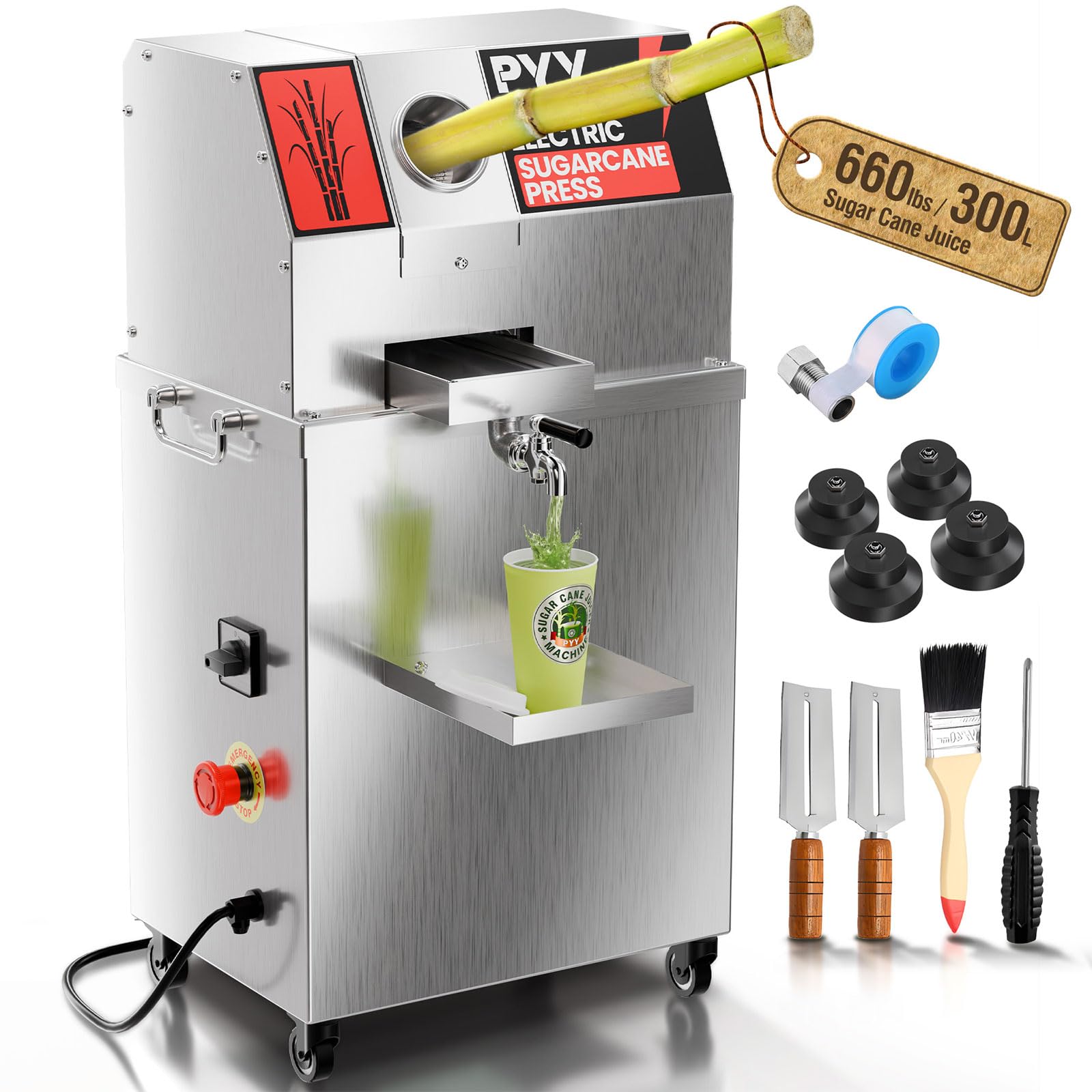 PYY Sugar Cane Juicer Machine - Commercial Electric 3-Rollers Sugarcane Juice Press Stainless Steel Extractor, Guarapera de Caña de Azúcar Eléctrica with 4 Wheels, Cleaning Brush, 2 Peelers