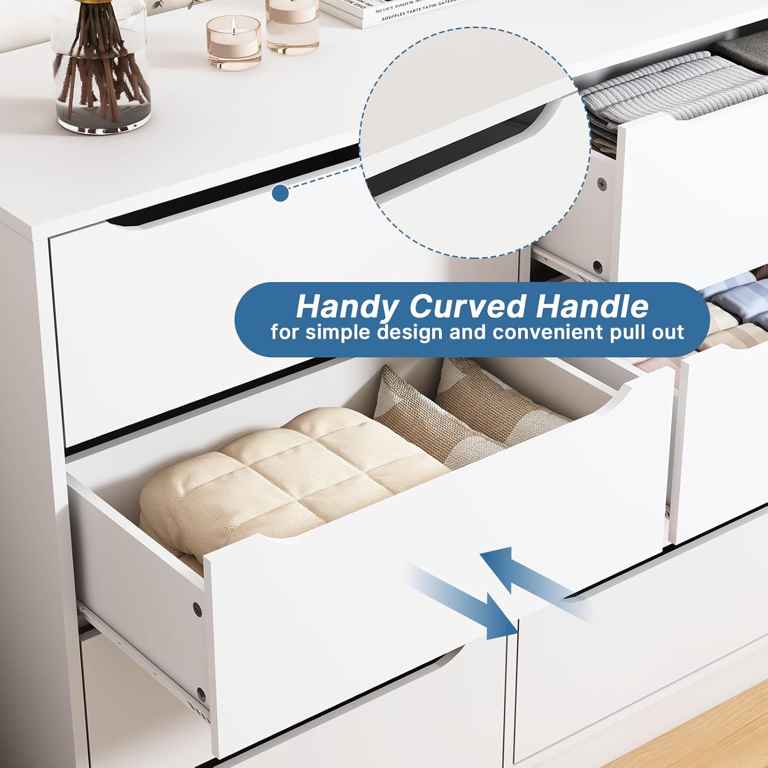 8 Drawers Dresser Storage Cabinet, 47'' Modern Chest of Drawers with Hollow Handles Design, TV Console Stand Organizer with Slide Drawer for Bedroom, Living Room, Hallway, Entryway (White)