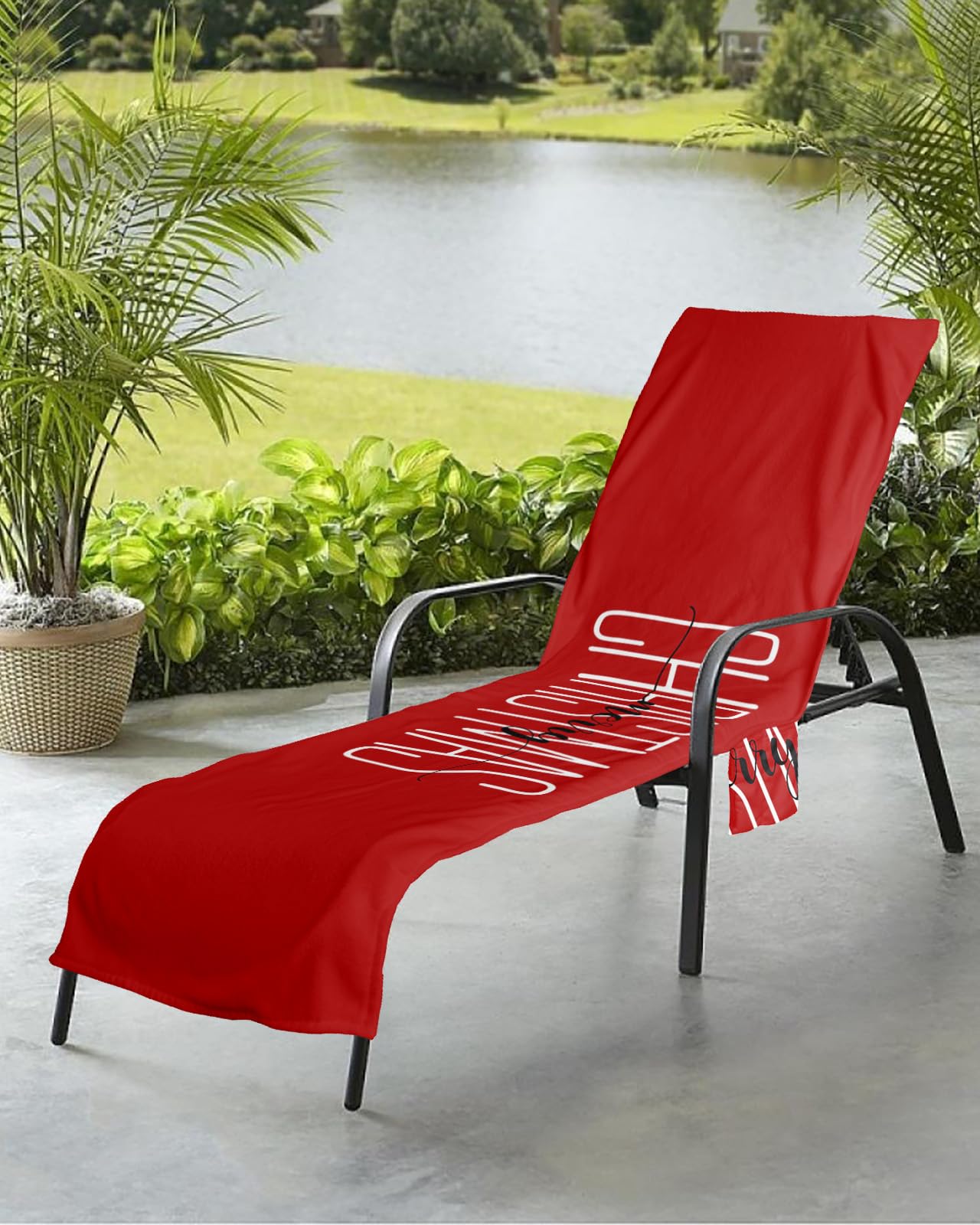 Merry Christmas Beach Chair Towel Covers for Chaise Lounge with Side Pocket, Soft Plush Pool Towels Cover for Patio Sunbathing Outdoor 29''x85'' Red Winter Xmas Holiday Black White