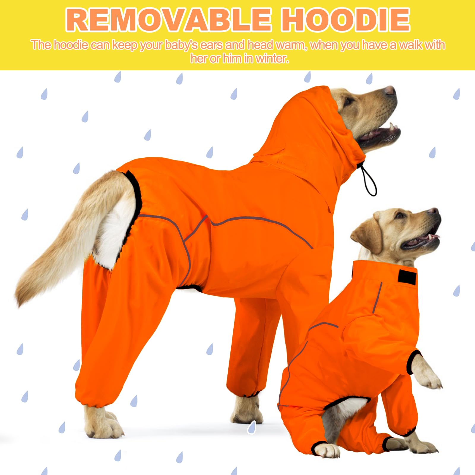 Impermeable para Perro, Chaqueta Impermeable para Perro con Capucha extraíble, Poncho Ajustable de 4 Patas para Mascotas con Agujero para Correa, Rayas Reflectantes con Capucha, a Prueba de