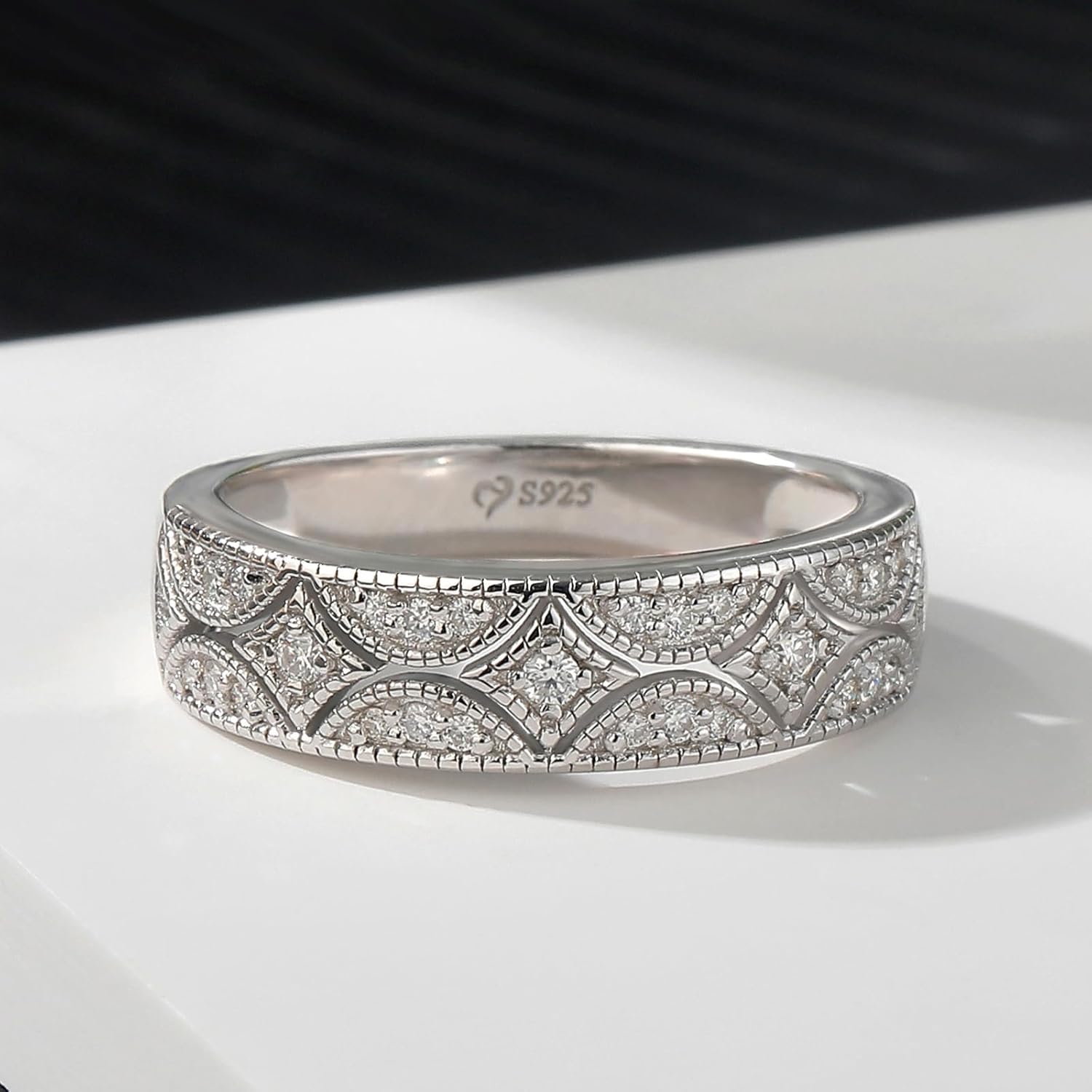 Jeulia Womens Wide Eternity Ring Wedding Band, Moissanite Diamond Milgrain Round Cut 18k White Gold Plated Eternity Band Ring Romantic Anniversary Valentine's Day Jewelry with Gift Box