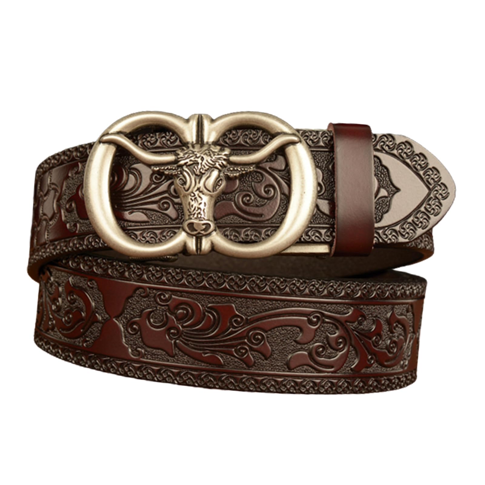 Cinturón De Cuero Con Trinquete Deslizante, Hebilla Automática Tallada En León, Diseño Relieve, Cinturón Informal Cintura 110cm/36-38"