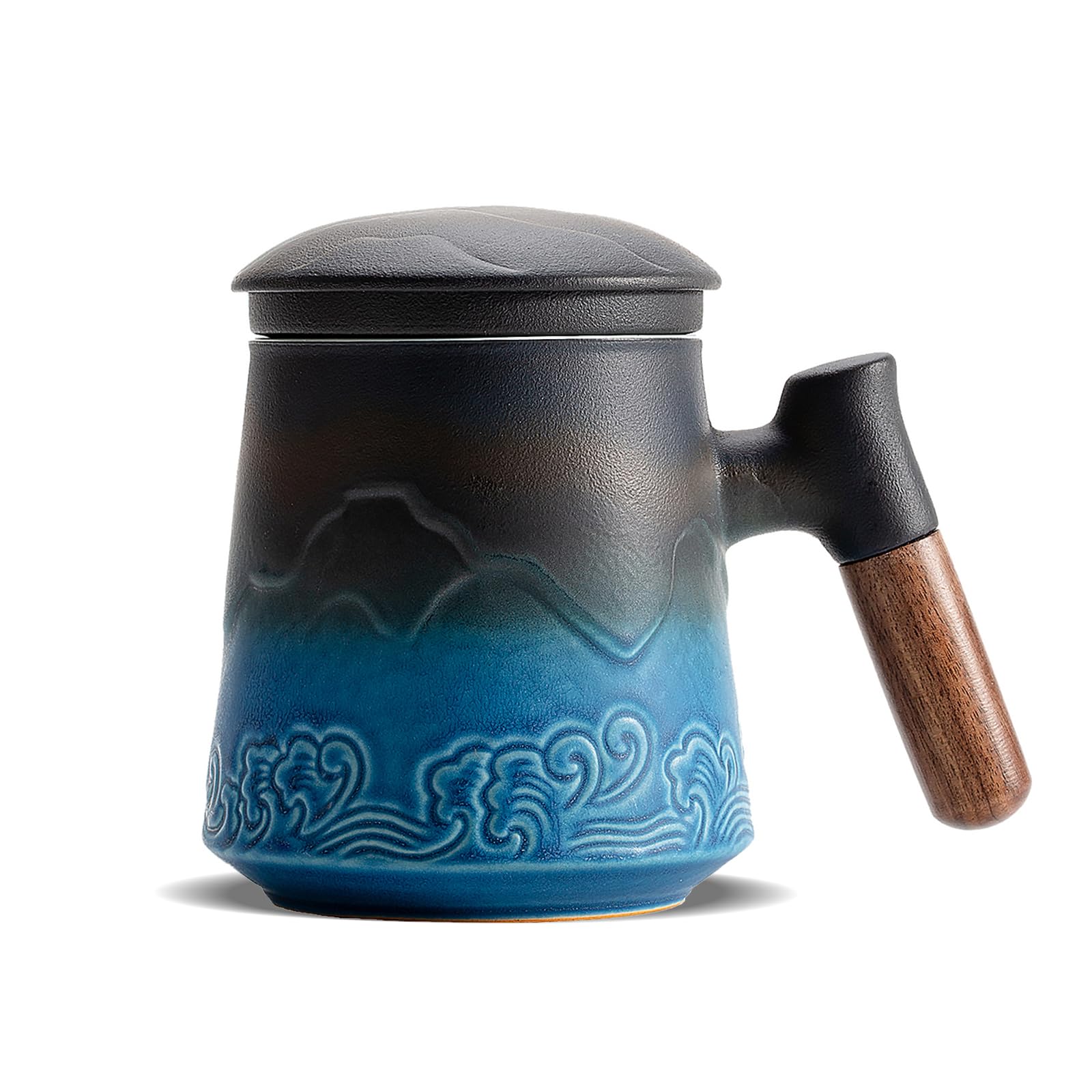 ZENS Tea Cup with Infuser and Lid for Loose Leaf Tea Steeper, 15oz Blue | Embossed Ceramic Tea Infuser Mug with Fine Strainer for Herbal Tea Lovers Gifts, Nature Wood Handle
