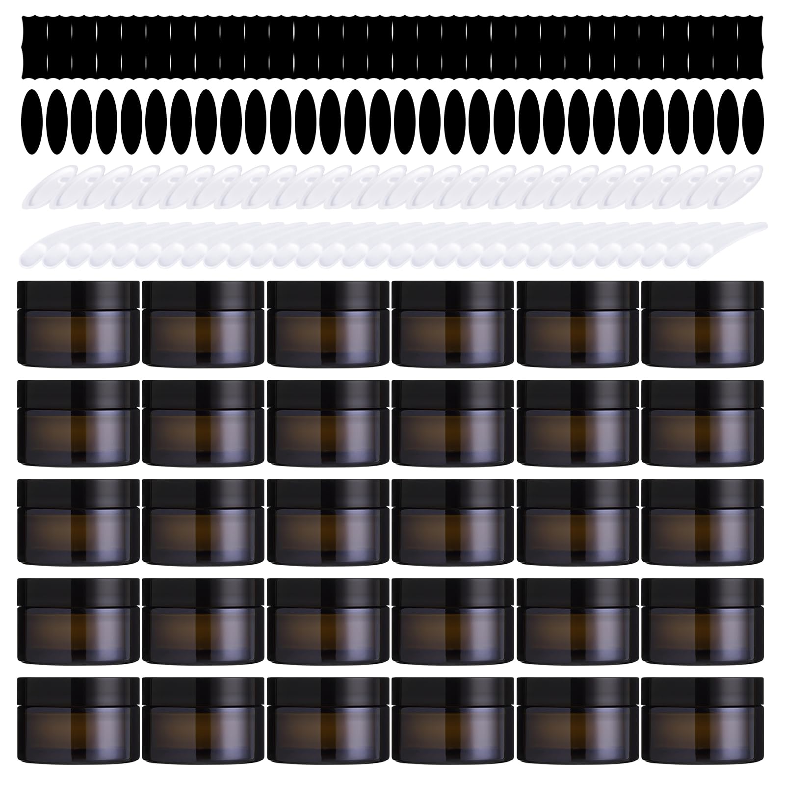 Yauhar 120Pcs 50g Amber Glass Jars Assortment Kit with Inner Liners and Black Lids