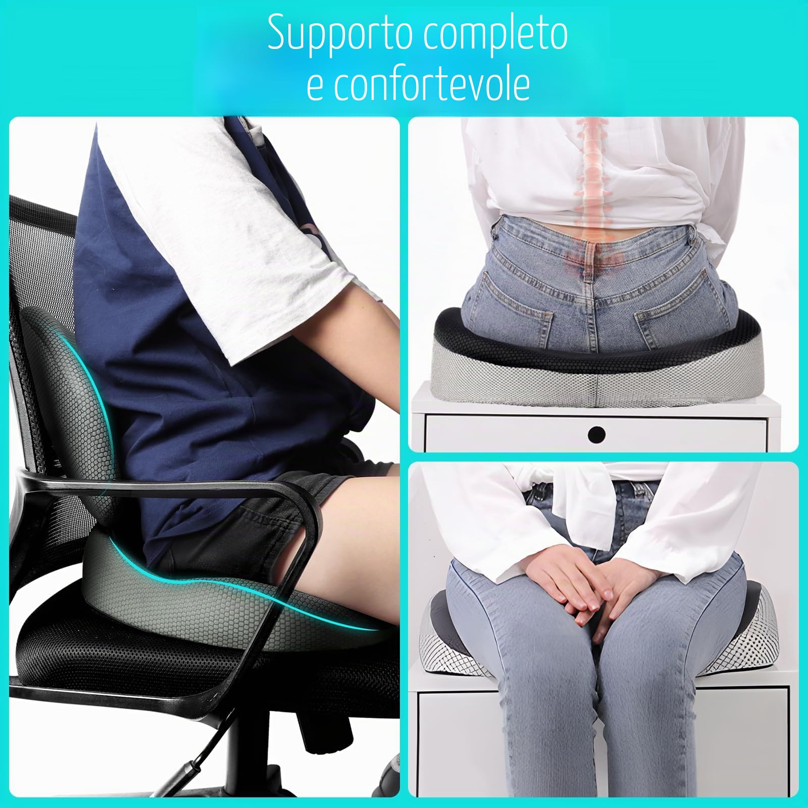 Suewidfay 2 in 1 Cuscino del sedile e set di cuscini di supporto lombare, grande dimensione ergonomica schiuma di memoria Cuscino, per sedia da ufficio, auto, sedia a rotelle, sedie da gioco