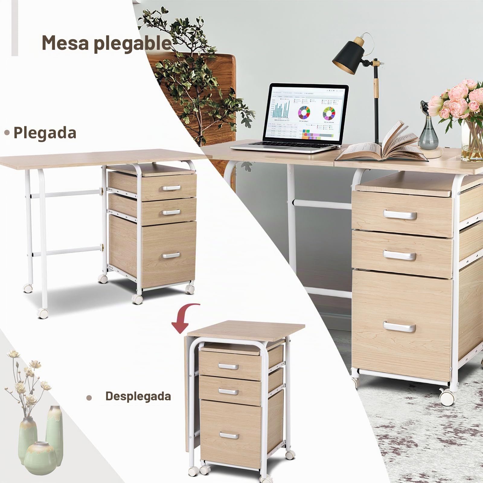 LIFEZEAL Escritorio Plegable con cajones y Ruedas (Natural)