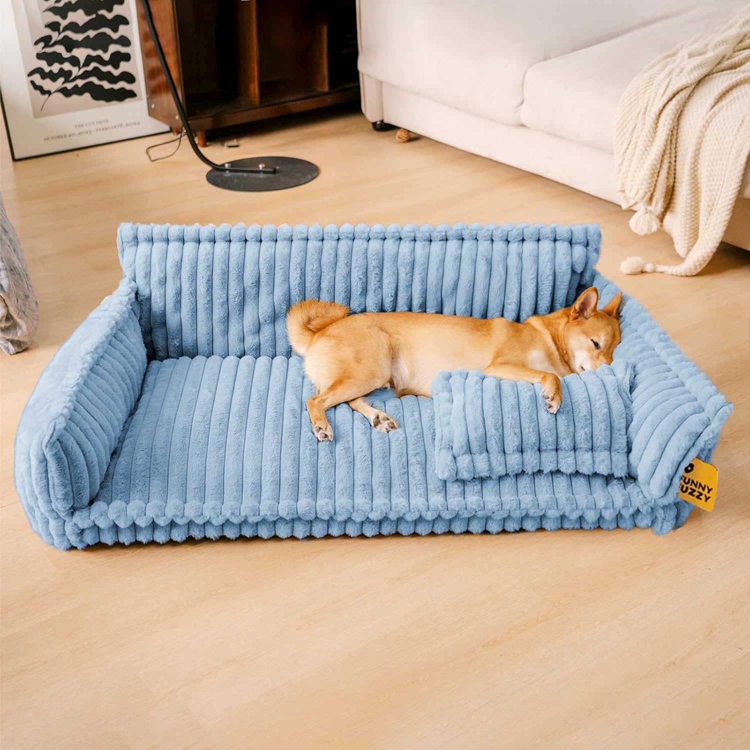 FUNNY FUZZY Dog Bed Orthopedic & Fluffy Dog Couch Bed, Corduroy Fleece Pet Beds Washable, Supportive Foam Pet Sofa Bed with Removable Zipper Cover - Snoozy Dream, Blue, XXL