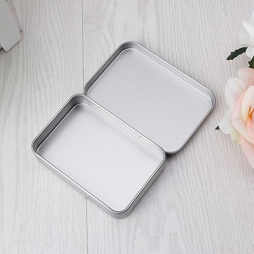 Miniatura 9 de Caja de almacenamiento pequeña de metal con tapa plateada para organizador de cajas para dinero moneda caramelo metal rectangular vacío con bisagras