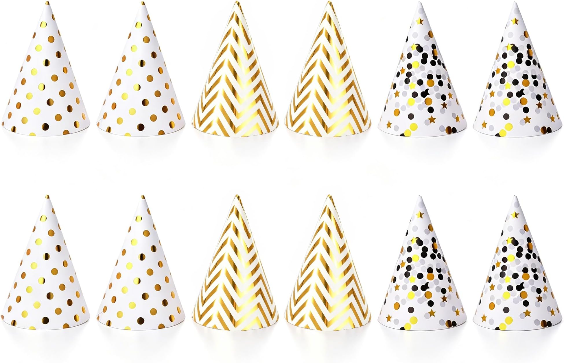 Boieo 12 Pcs Gold Birthday Party Hats for Adults & Kids - Paper Cone Hat Set with Polka Dot & Striped Designs, Adjustable Elastic String, Happy Birthday Party Decorations