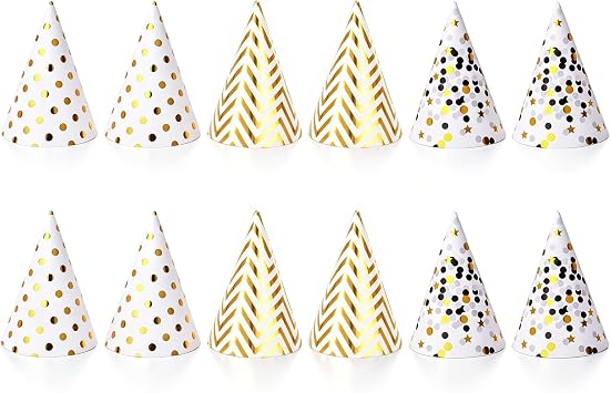 Boieo 12 Pcs Gold Birthday Party Hats for Adults & Kids - Paper Cone Hat Set with Polka Dot & Striped Designs, Adjustable Elastic String, Happy Birthday Party Decorations
