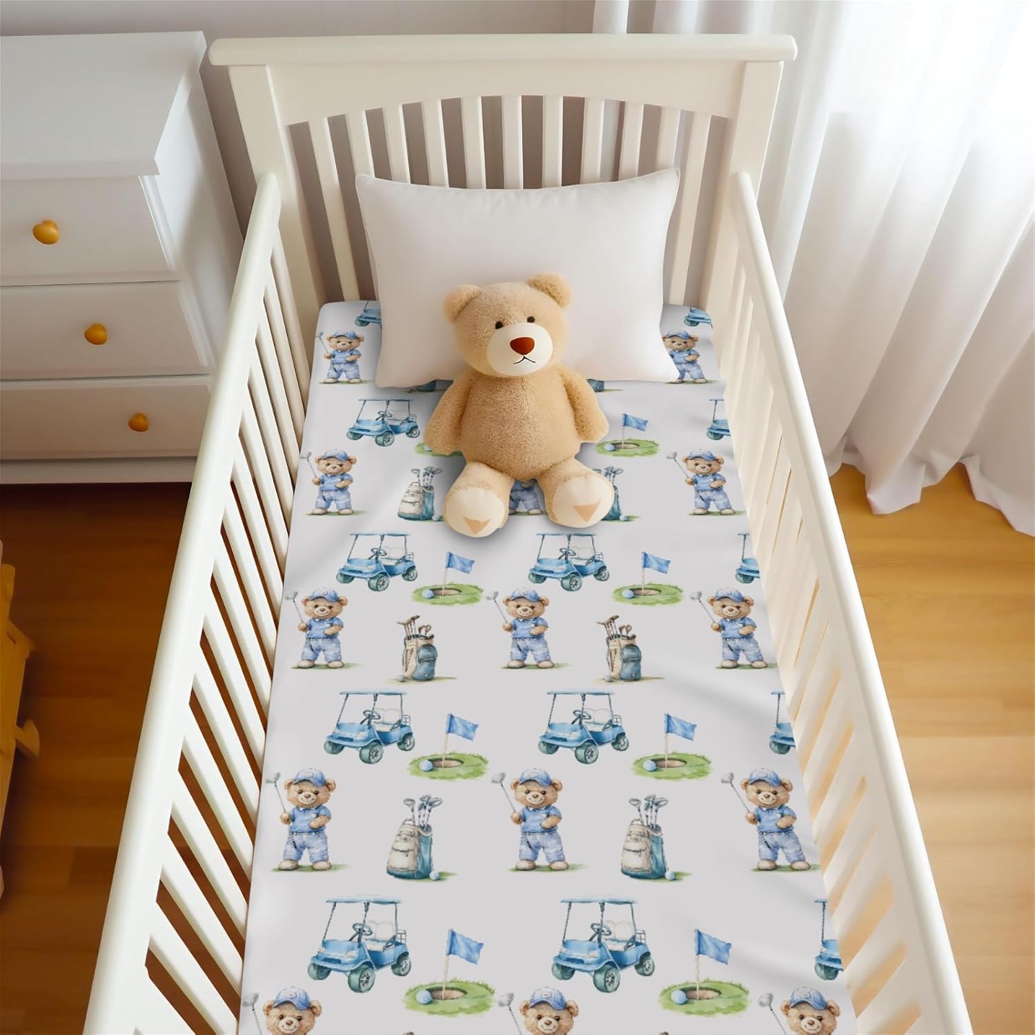 Cute Bear Golf Cart Blue Baby Crib Sheet for Boys Girls 52x28x9 in Bears Sport Golfing Flag Club Fitted Crib Mattress Cover for Standard Crib and Toddler Outdoor Sports Bed Sheet Animal One Size