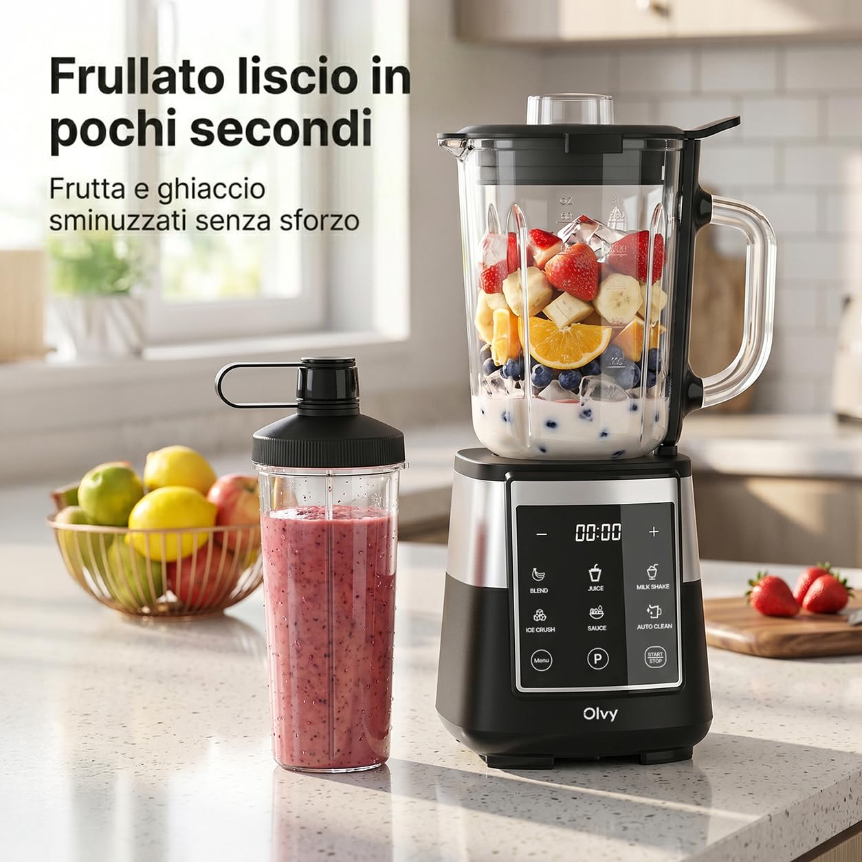 Olvy Frullatore Smoothie Maker 1500ml Vetro To-Go Timer LED 6 Lame-Black