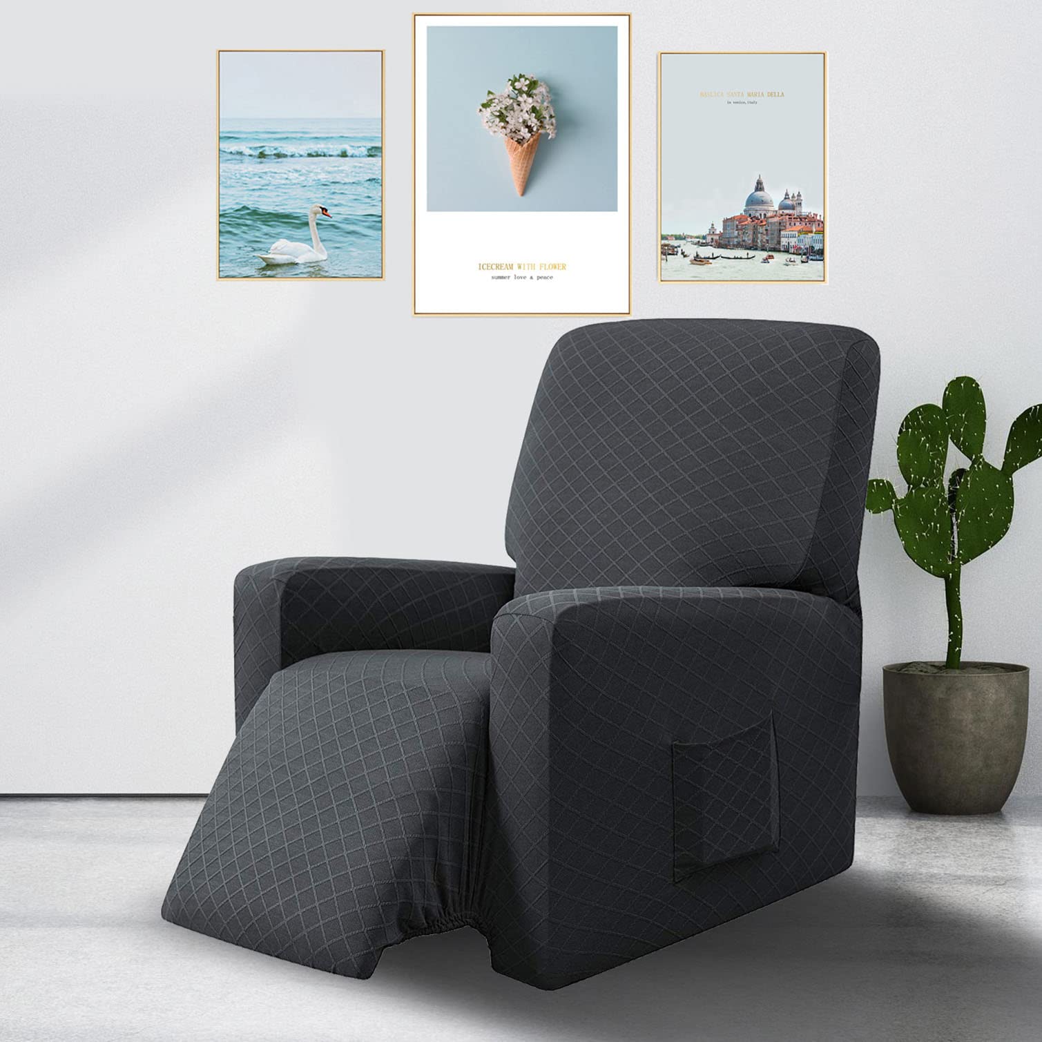 YOPOIY Stretch Sesselhusse, 1 Stück Relaxsessel bezug rutschfest Luxus Ruhesessel bezüge Waschbar Elasthan Sesselbezug mit Tasche -dunkelgrau-Einheitsgröße