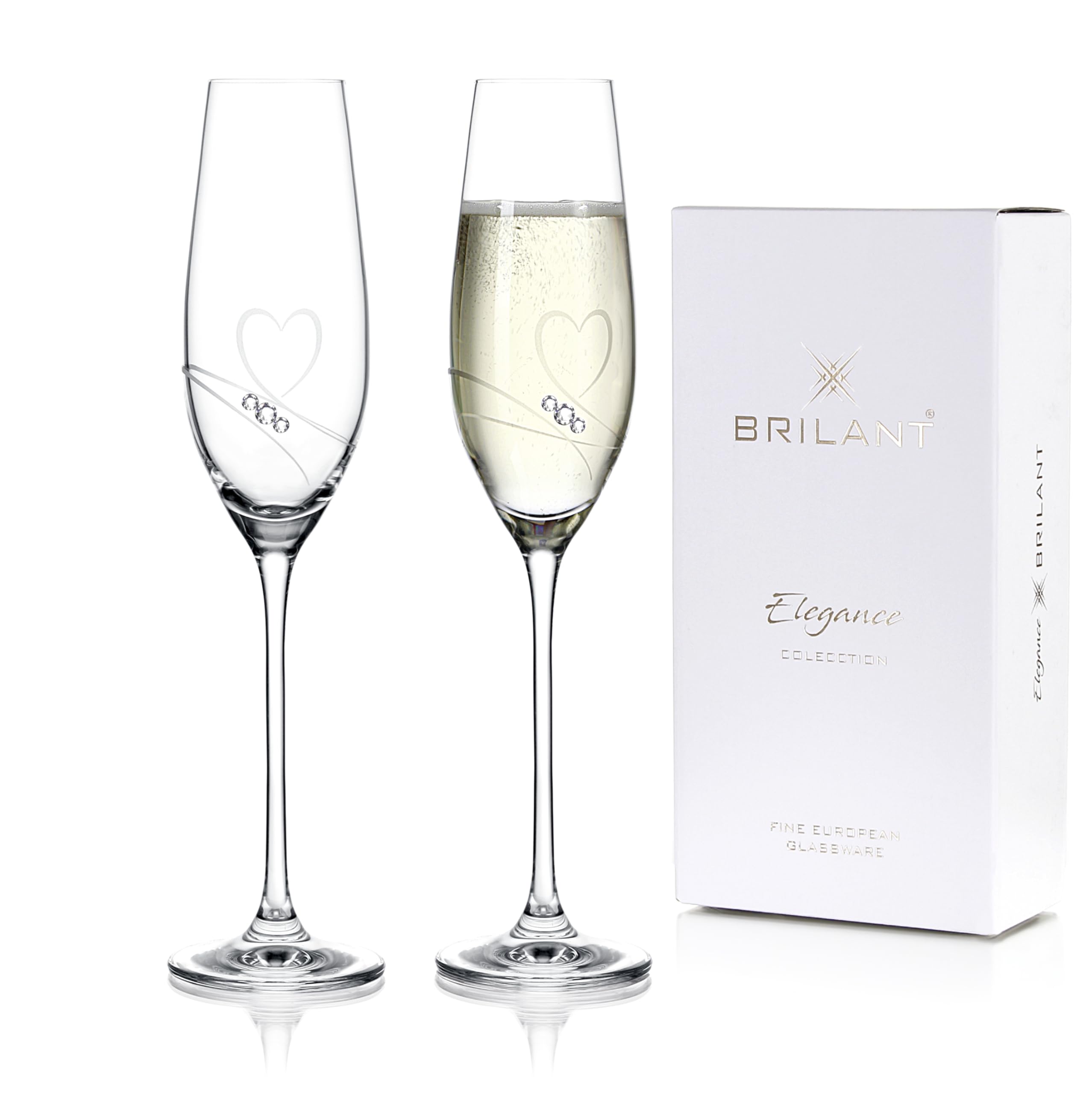 Essence of Love Lot de 2 flûtes à champagne modernes, élégantes, sans plomb, avec cœur gravé et détails en cristal de qualité supérieure, fabriqués à la main en UE, 210 ml