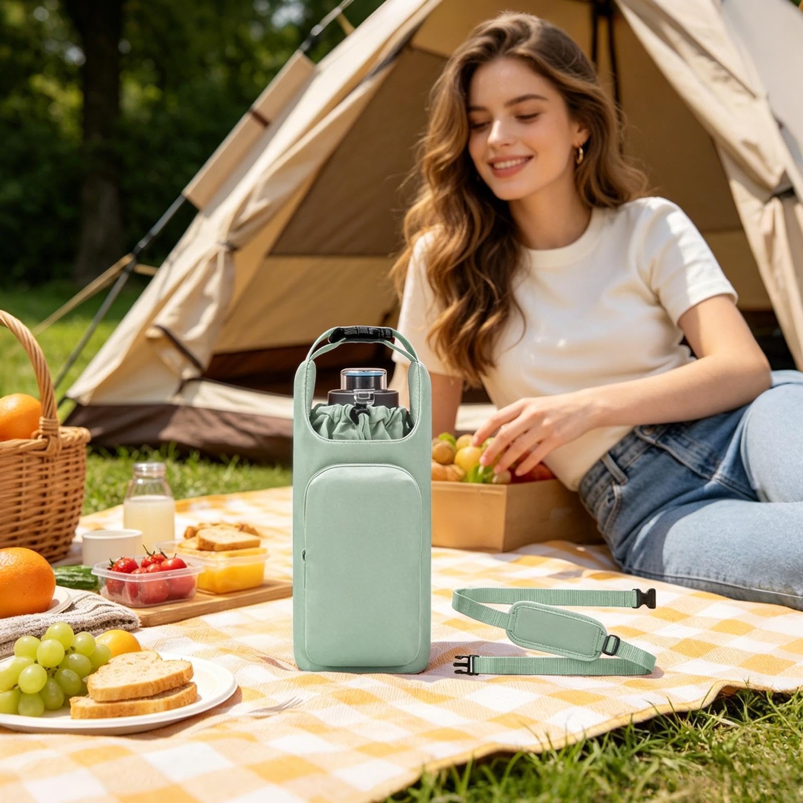 Wasserflaschenhalter mit Gurt, verstellbare isolierte Tasche mit Kordelzug mit Tasche, Wasserflaschenriemen, für Fitnessstudio, Wandern, Reisen, Outdoor, Strand, Büro, Schule, Auto, Kreuzfahrt