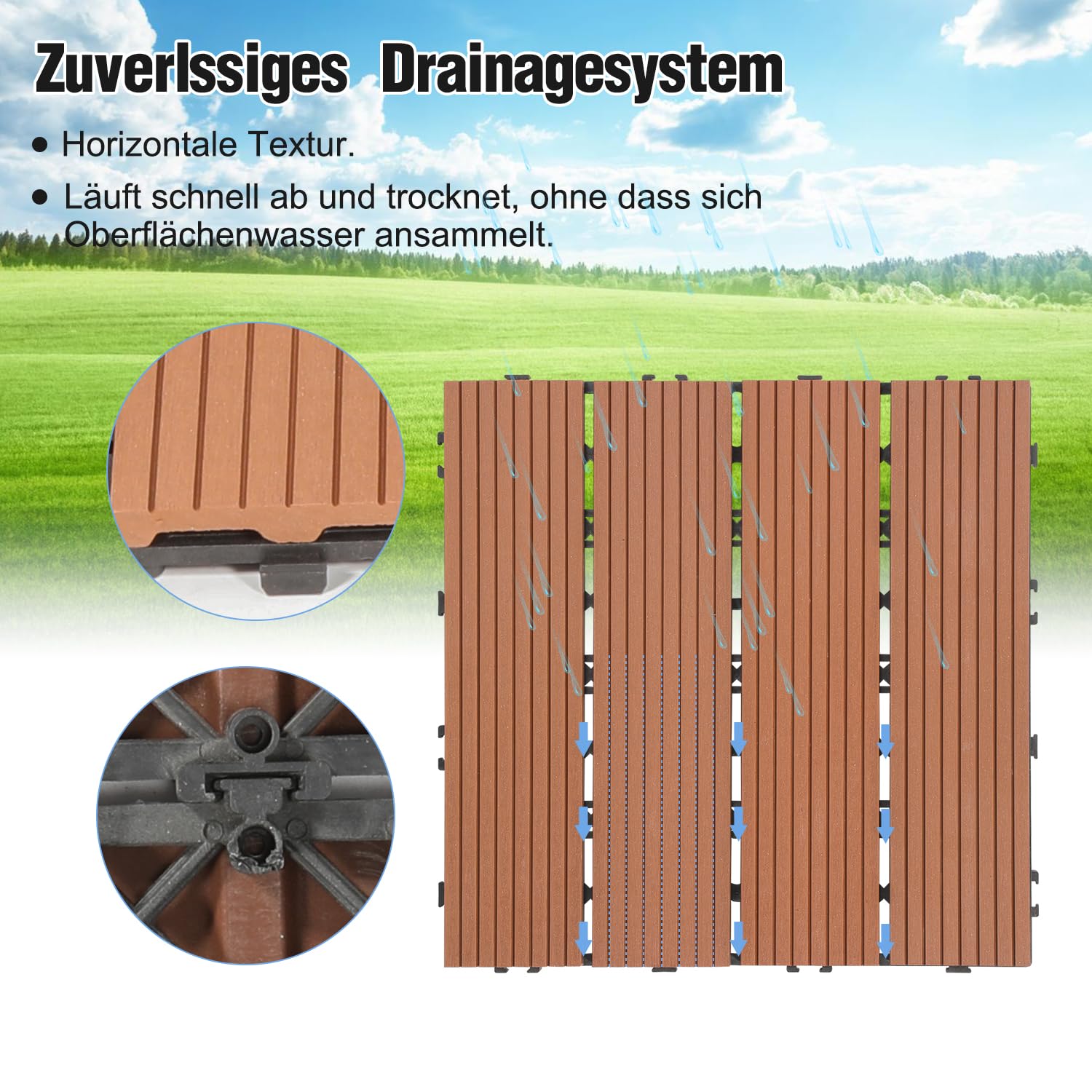 Płytki tarasowe z WPC, 30 x 30 cm, płytki drewniane, zestaw 55 sztuk na 5 m², płytki balkonowe o wyglądzie drewna, wykładzina podłogowa z systemem zatrzaskowym, wodoodporne, na balkon i taras