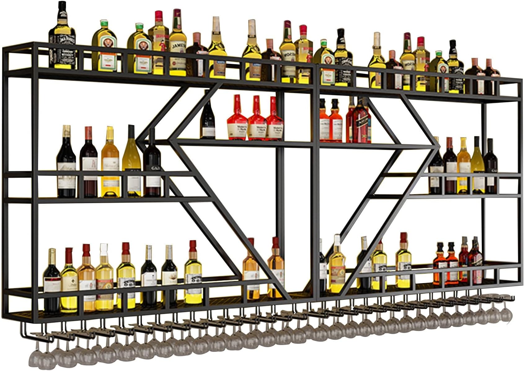 LED Light Wine Rack Wall Mounted Display Shelf with Hanging Wine Glass Holder 3 Layers Liquor Bottle Storage for Home Bar Dining Room Cafe (Black)