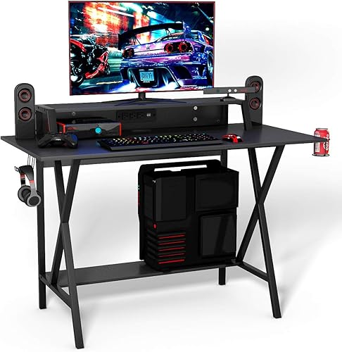 Miniatura 8 de Tangkula Escritorio para computadora de juegos con estante para monitor, mesa de juegos con soporte para tazas, soporte para auriculares y regleta