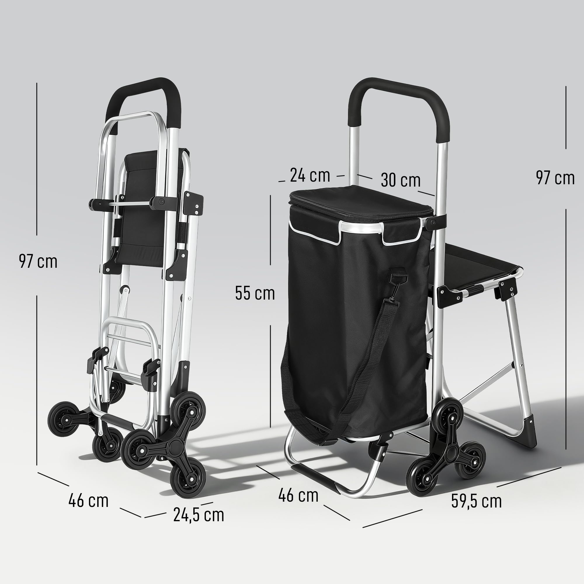 HOMCOM 3-in-1 Einkaufstrolley klappbar mit 40L Kapazität, klappbar Sitz, Trolley bis 25kg belastbar Einkaufswagen Sackkarre Umhängetasche Treppensteiger Schwarz