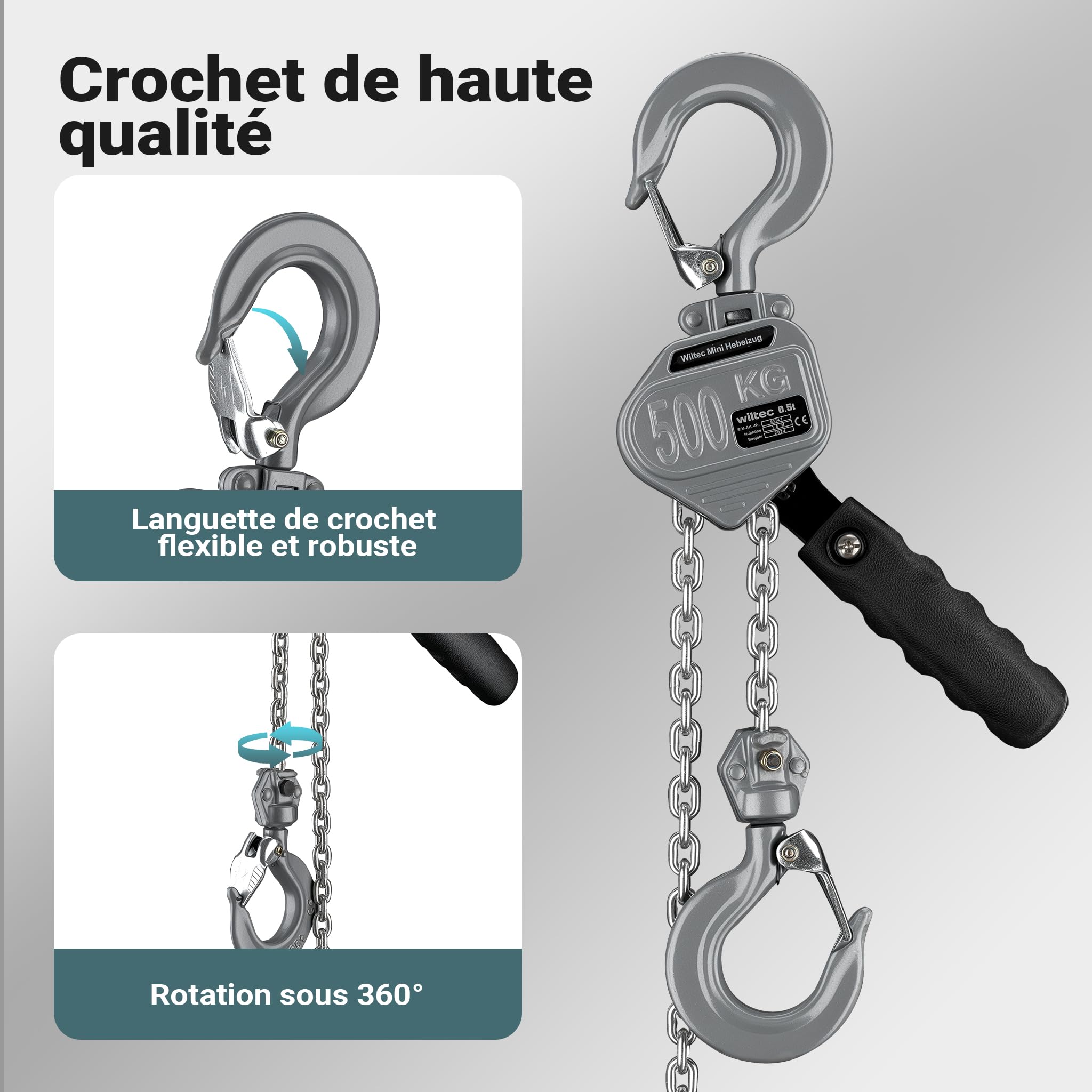Wiltec Palan à chaîne manuel à levier VM0.5 – 0,5 t x 1,5 m – en Aluminium – Hauteur de levage standard 1,5 m – Palan mécanique de levage