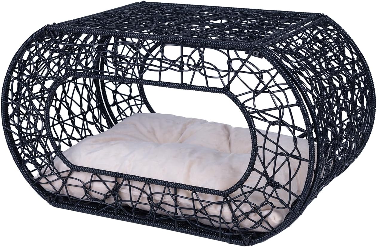 OEHID Wicker Cat Beds Condo for Indoor Outdoor, Rattan Cat