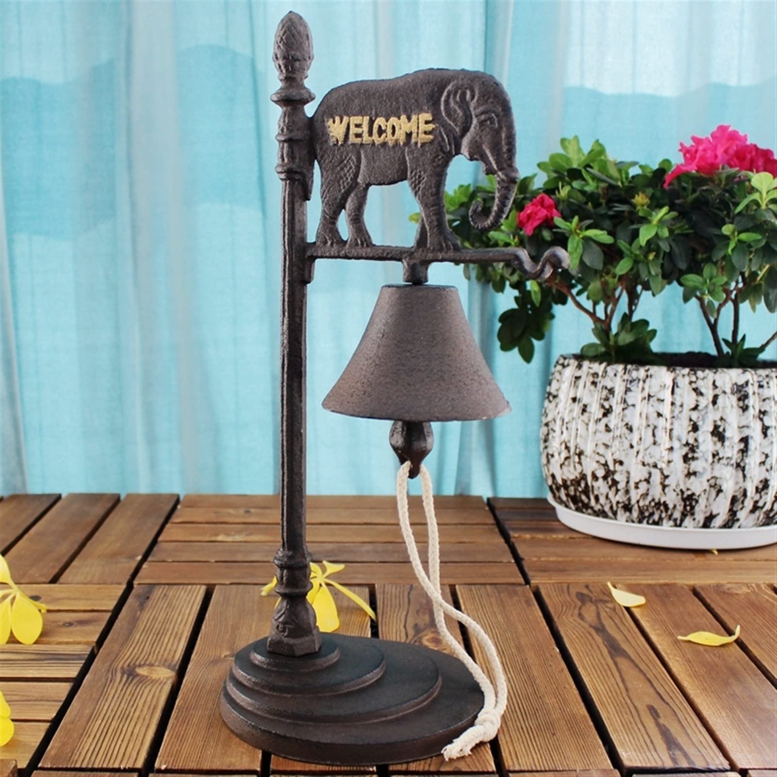 Timbre de puerta de hierro fundido Campanas de puerta Colgando Campana de servicio de mesa de elefante de hierro fundido vintage con carteles de bienvenida dorados en la barra de café europea Campanas