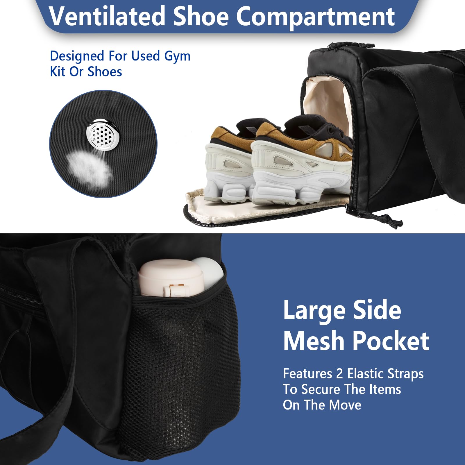 Bolsa Gimnasio Grande, Bolsa Deporte Fitness Mujer y Hombre, Bolsa Grande para Esterilla de Yoga, Bolso de Gimnasio para Viaje, Natación con Zapatero Independiente y Bolsillo Impermeable - 3