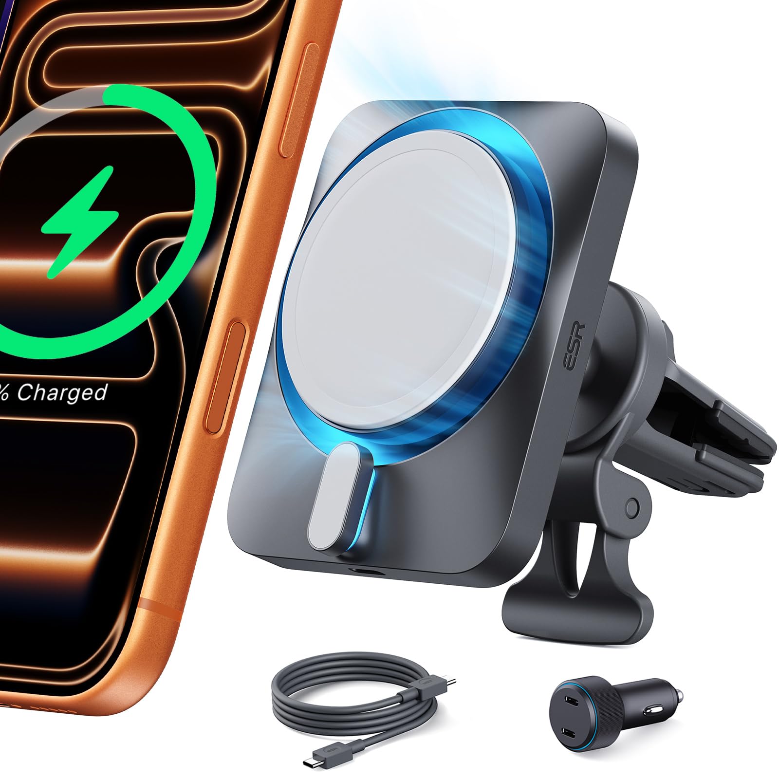 ESRfor 15W Apple-Certified MagSafe Car Mount Charger - CryoBoost Phone Cooling Faster Charging w 40W Dual USB-C Cigarette Lighter for iPhone Air 17 Pro Max 16 15 14 Plus 13 12 Mini, MagSafe Accessory