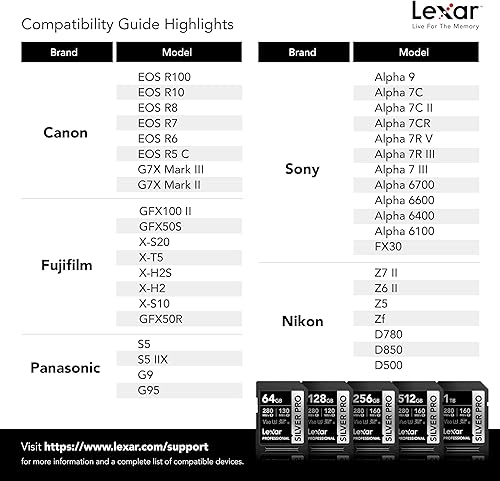 Miniatura 6 de Lexar Tarjeta de memoria profesional SDXC Silver PRO de 512 GB, UHS-II, C10, U3, V60, video Full HD y 4K, lectura de hasta 280 MBs, para fotógrafo